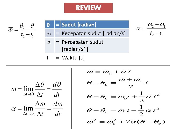 REVIEW = Sudut [radian] = Kecepatan sudut [radian/s] = Percepatan sudut [radian/s 2 ]