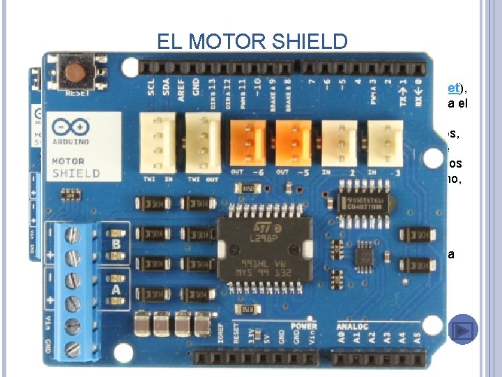 EL MOTOR SHIELD El Arduino Motor Shield está basado en el L 298 (datasheet),