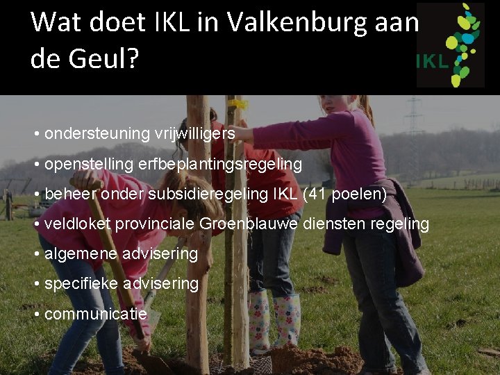 Wat doet IKL in Valkenburg aan de Geul? • ondersteuning vrijwilligers • openstelling erfbeplantingsregeling