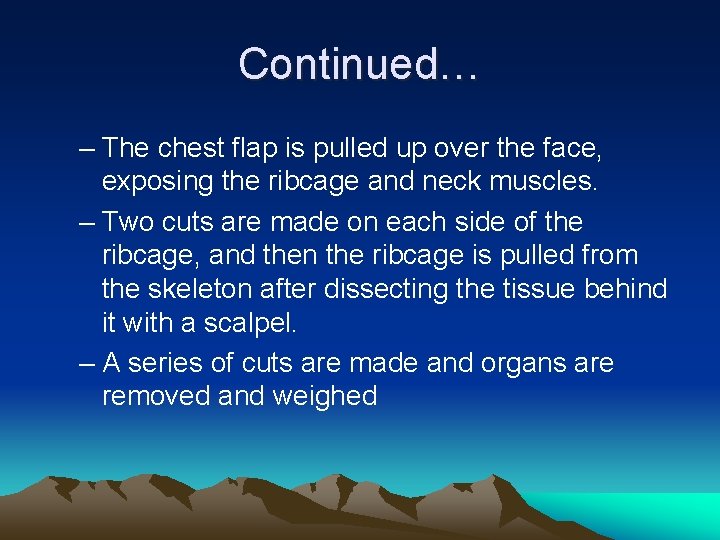 Continued… – The chest flap is pulled up over the face, exposing the ribcage