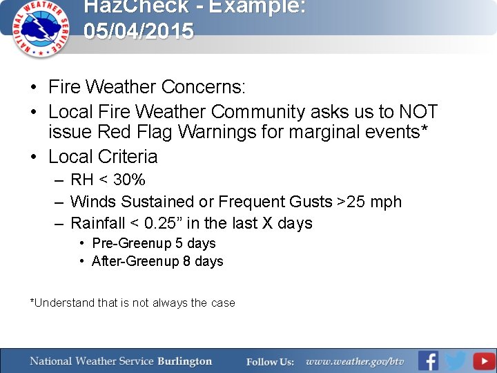 Haz. Check - Example: 05/04/2015 • Fire Weather Concerns: • Local Fire Weather Community