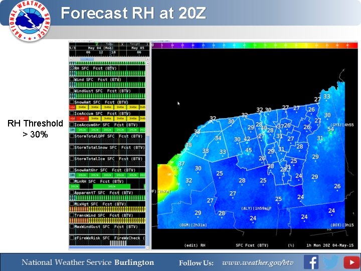 Forecast RH at 20 Z RH Threshold > 30% 