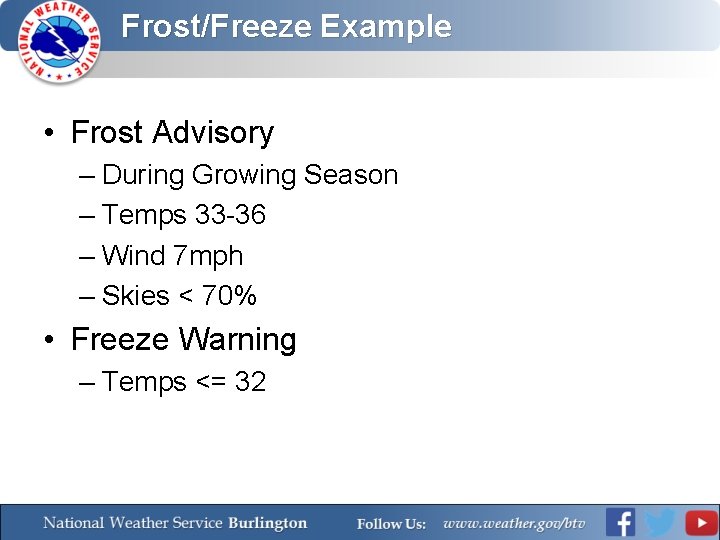 Frost/Freeze Example • Frost Advisory – During Growing Season – Temps 33 -36 –