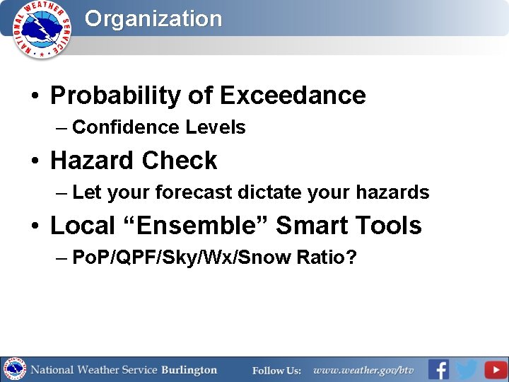 Organization • Probability of Exceedance – Confidence Levels • Hazard Check – Let your