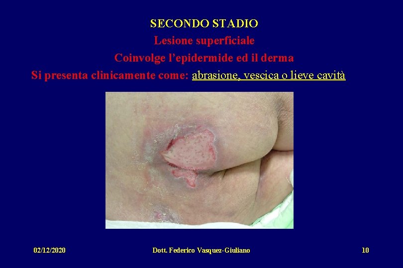 SECONDO STADIO Lesione superficiale Coinvolge l’epidermide ed il derma Si presenta clinicamente come: abrasione,