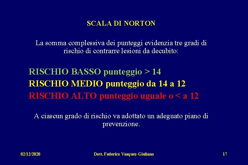 SCALA DI NORTON La somma complessiva dei punteggi evidenzia tre gradi di rischio di