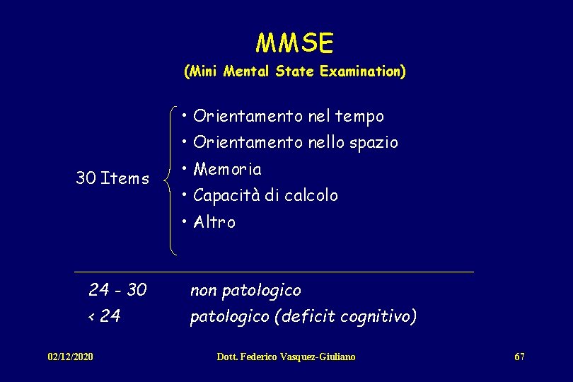 MMSE (Mini Mental State Examination) • Orientamento nel tempo • Orientamento nello spazio 30