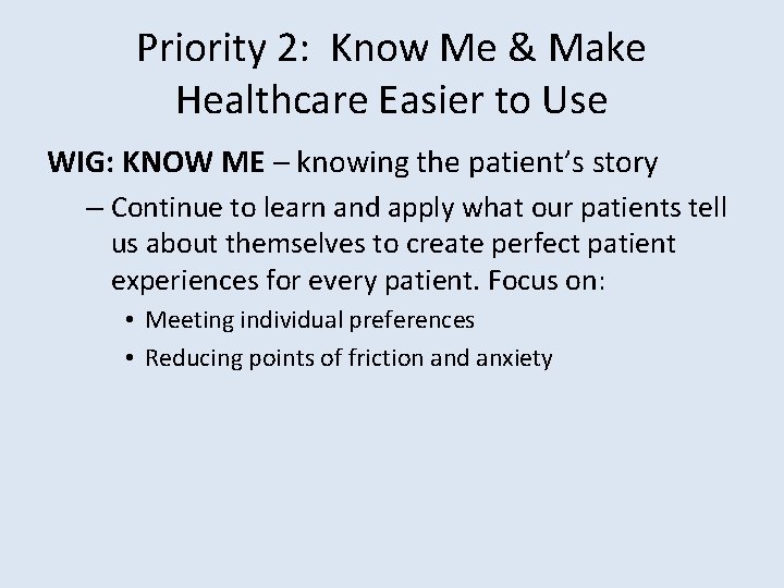 Priority 2: Know Me & Make Healthcare Easier to Use WIG: KNOW ME –