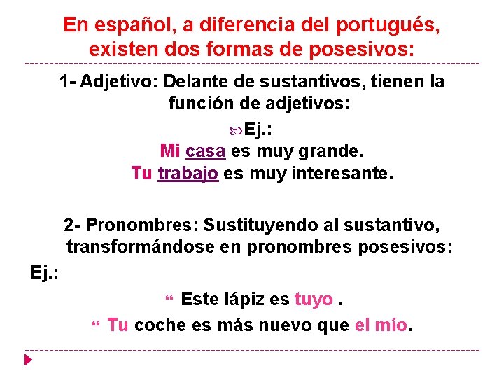 En español, a diferencia del portugués, existen dos formas de posesivos: 1 - Adjetivo: