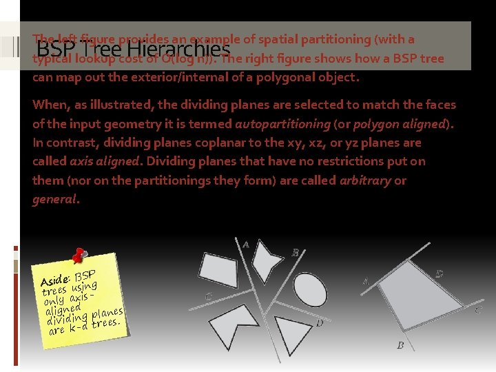 The left figure provides an example of spatial partitioning (with a typical lookup cost