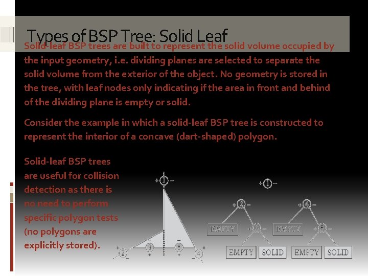 Types of BSP Tree: Solid Leaf Solid-leaf BSP trees are built to represent the