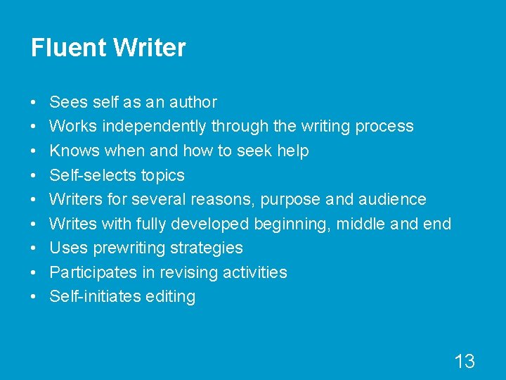Fluent Writer • • • Sees self as an author Works independently through the