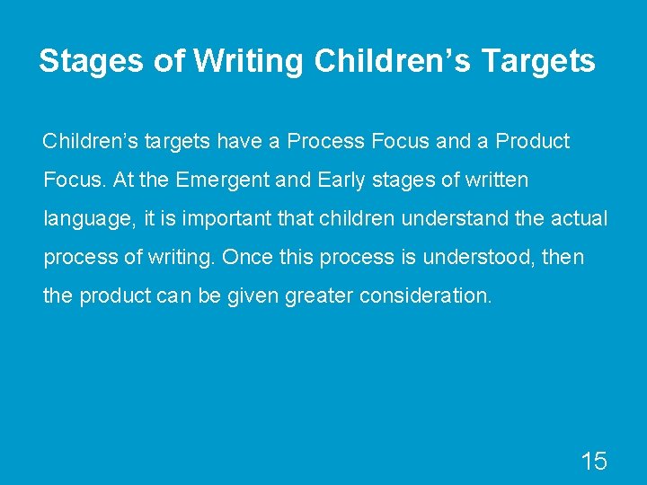 Stages of Writing Children’s Targets Children’s targets have a Process Focus and a Product