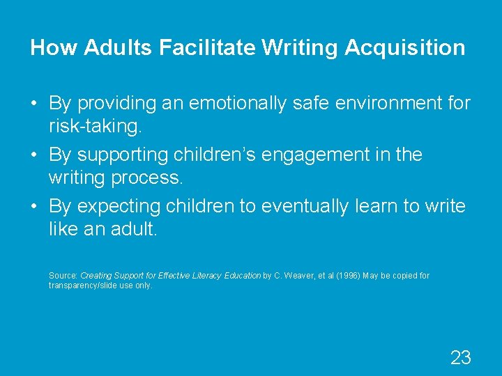 How Adults Facilitate Writing Acquisition • By providing an emotionally safe environment for risk-taking.