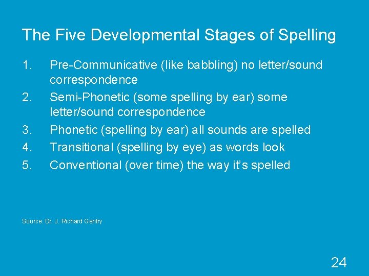 The Five Developmental Stages of Spelling 1. 2. 3. 4. 5. Pre-Communicative (like babbling)