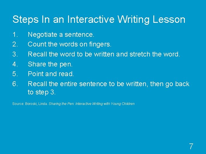 Steps In an Interactive Writing Lesson 1. 2. 3. 4. 5. 6. Negotiate a