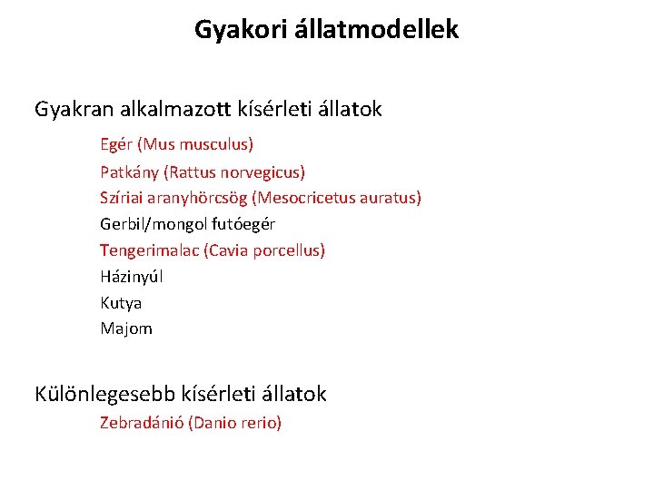 Gyakori állatmodellek Gyakran alkalmazott kísérleti állatok Egér (Mus musculus) Patkány (Rattus norvegicus) Szíriai aranyhörcsög Gyakori állatmodellek Gyakran alkalmazott kísérleti állatok Egér (Mus musculus) Patkány (Rattus norvegicus) Szíriai aranyhörcsög