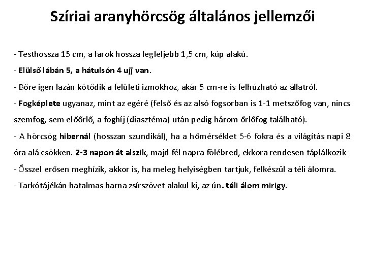 Szíriai aranyhörcsög általános jellemzői - Testhossza 15 cm, a farok hossza legfeljebb 1, 5 Szíriai aranyhörcsög általános jellemzői - Testhossza 15 cm, a farok hossza legfeljebb 1, 5