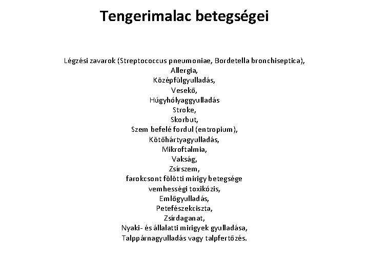 Tengerimalac betegségei Légzési zavarok (Streptococcus pneumoniae, Bordetella bronchiseptica), Allergia, Középfülgyulladás, Vesekő, Húgyhólyaggyulladás Stroke, Skorbut, Tengerimalac betegségei Légzési zavarok (Streptococcus pneumoniae, Bordetella bronchiseptica), Allergia, Középfülgyulladás, Vesekő, Húgyhólyaggyulladás Stroke, Skorbut,