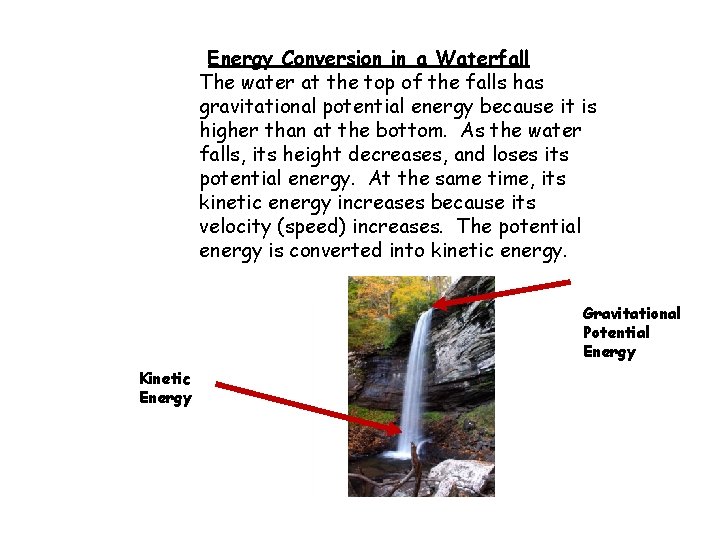 Energy Conversion in a Waterfall The water at the top of the falls has