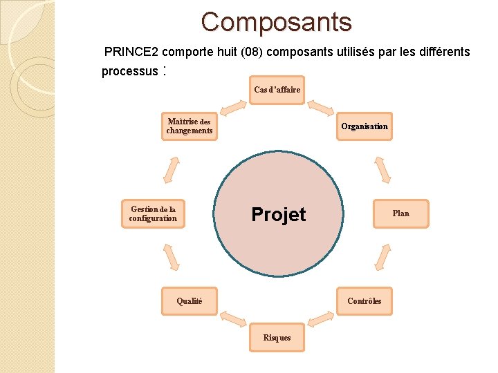 Composants PRINCE 2 comporte huit (08) composants utilisés par les différents processus : Cas