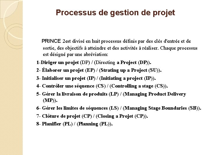 Processus de gestion de projet PRINCE 2 est divisé en huit processus définis par