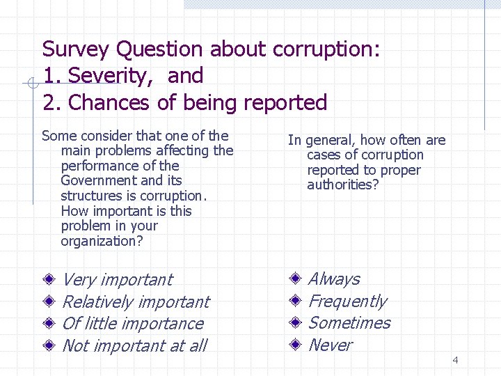 Survey Question about corruption: 1. Severity, and 2. Chances of being reported Some consider