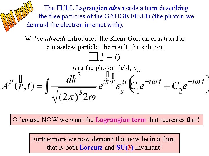 The FULL Lagrangian also needs a term describing the free particles of the GAUGE