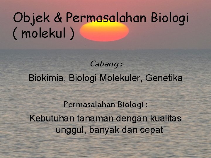 Objek & Permasalahan Biologi ( molekul ) Cabang : Biokimia, Biologi Molekuler, Genetika Permasalahan