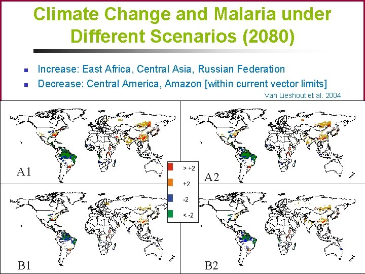 Climate Change and Malaria under Different Scenarios (2080) n n Increase: East Africa, Central