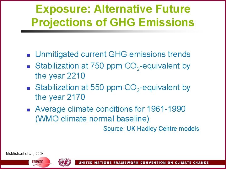 Exposure: Alternative Future Projections of GHG Emissions n n Unmitigated current GHG emissions trends