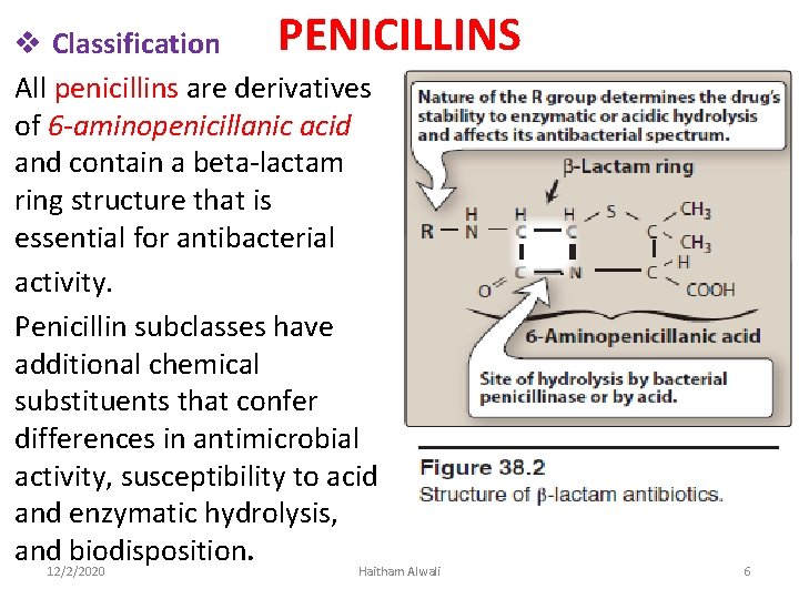 PENICILLINS v Classification All penicillins are derivatives of 6 -aminopenicillanic acid and contain a