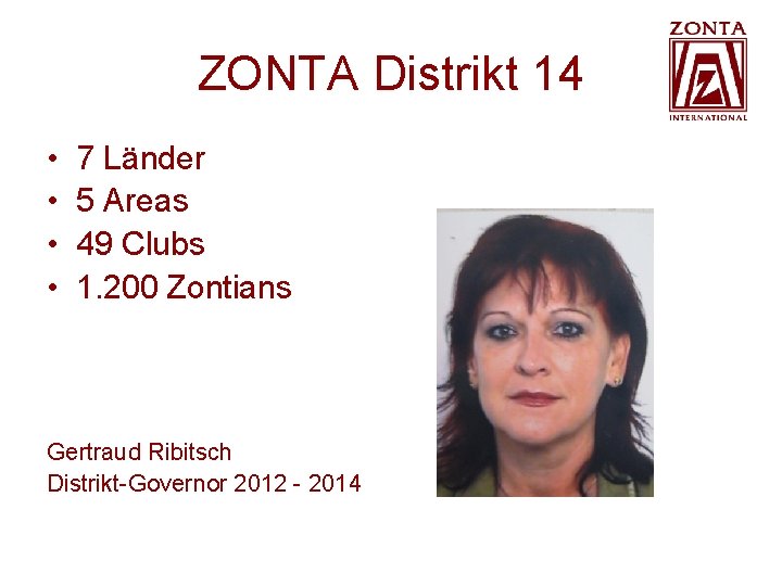 ZONTA Distrikt 14 • • 7 Länder 5 Areas 49 Clubs 1. 200 Zontians ZONTA Distrikt 14 • • 7 Länder 5 Areas 49 Clubs 1. 200 Zontians