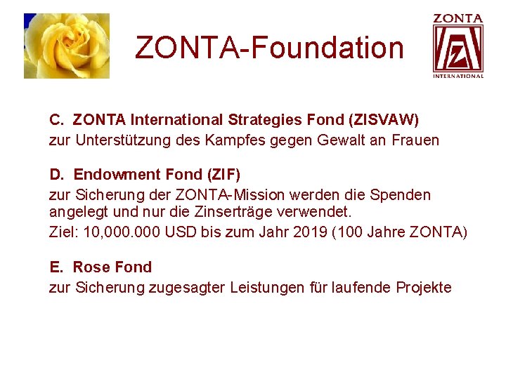 ZONTA-Foundation C. ZONTA International Strategies Fond (ZISVAW) zur Unterstützung des Kampfes gegen Gewalt ZONTA-Foundation C. ZONTA International Strategies Fond (ZISVAW) zur Unterstützung des Kampfes gegen Gewalt
