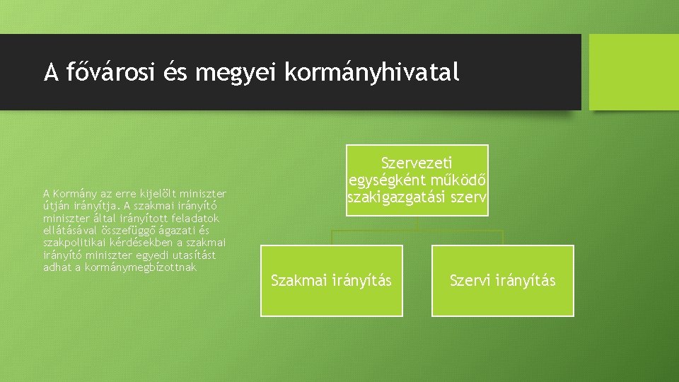 A fővárosi és megyei kormányhivatal A Kormány az erre kijelölt miniszter útján irányítja. A