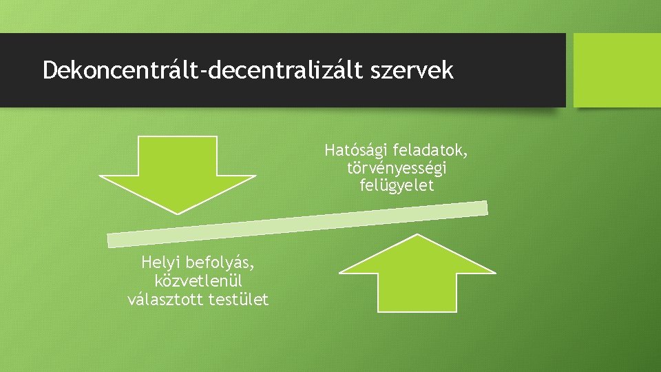 Dekoncentrált-decentralizált szervek Hatósági feladatok, törvényességi felügyelet Helyi befolyás, közvetlenül választott testület 