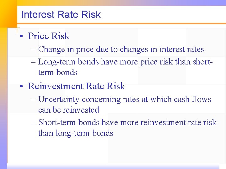 Interest Rate Risk • Price Risk – Change in price due to changes in