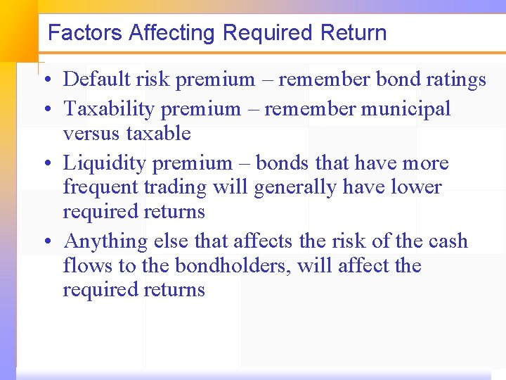 Factors Affecting Required Return • Default risk premium – remember bond ratings • Taxability