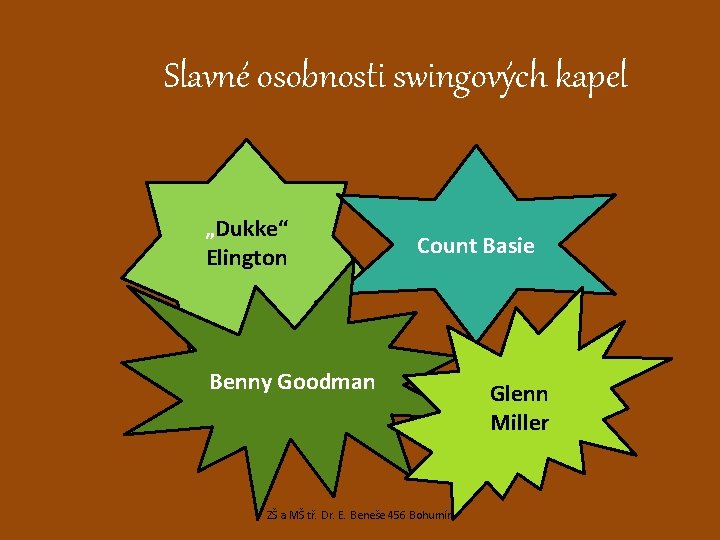 Slavné osobnosti swingových kapel „Dukke“ Elington Count Basie Benny Goodman ZŠ a MŠ tř.