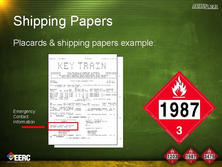 Shipping Papers Placards & shipping papers example: Emergency Contact Information 