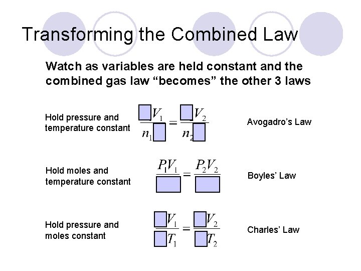 Transforming the Combined Law Watch as variables are held constant and the combined gas