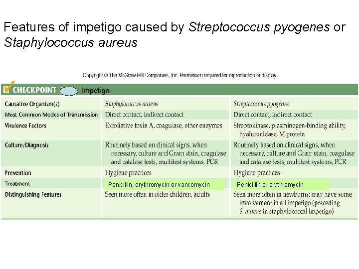 Features of impetigo caused by Streptococcus pyogenes or Staphylococcus aureus Penicillin, erythromycin or vancomycin