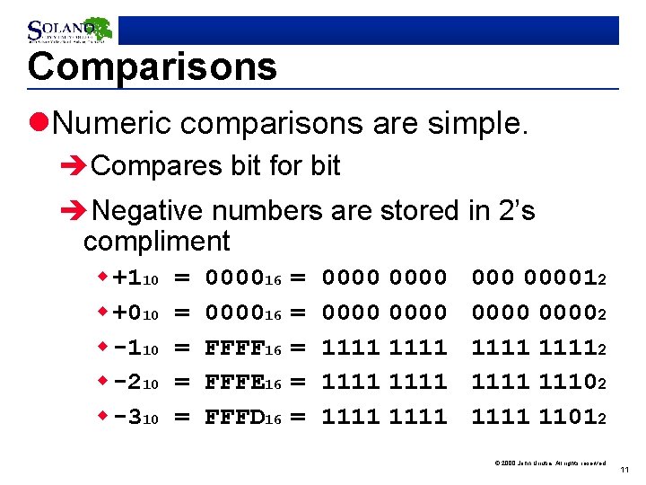 Comparisons l. Numeric comparisons are simple. èCompares bit for bit èNegative numbers are stored