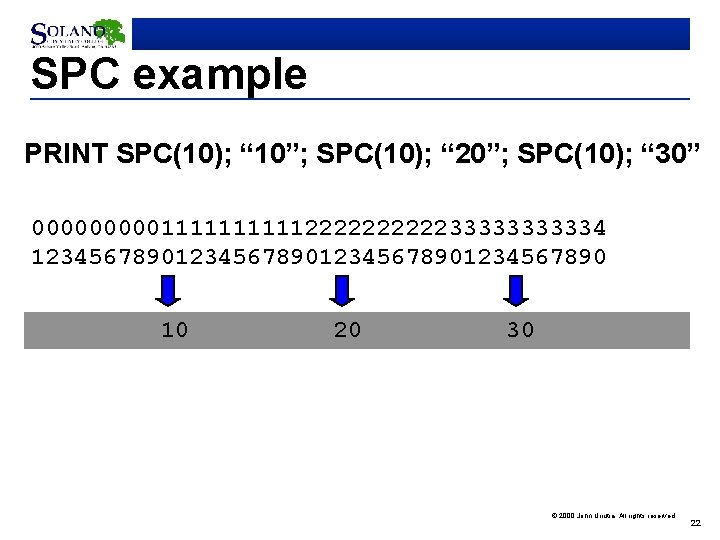 SPC example PRINT SPC(10); “ 10”; SPC(10); “ 20”; SPC(10); “ 30” 000001111122222333334 12345678901234567890