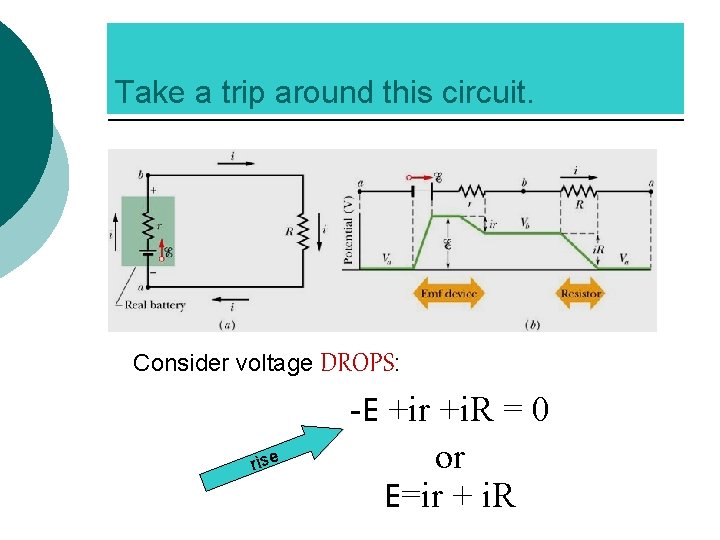 Take a trip around this circuit. Consider voltage DROPS: rise -E +ir +i. R