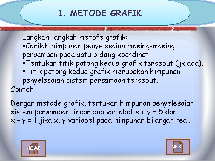 1. METODE GRAFIK Langkah-langkah metofe grafik: §Carilah himpunan penyelesaian masing-masing persamaan pada satu bidang