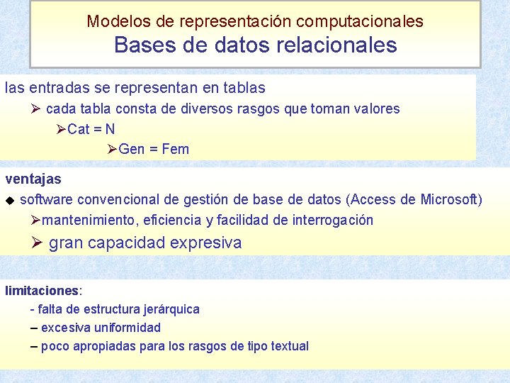 Modelos de representación computacionales Bases de datos relacionales las entradas se representan en tablas