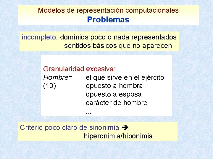 Modelos de representación computacionales Problemas incompleto: dominios poco o nada representados sentidos básicos que