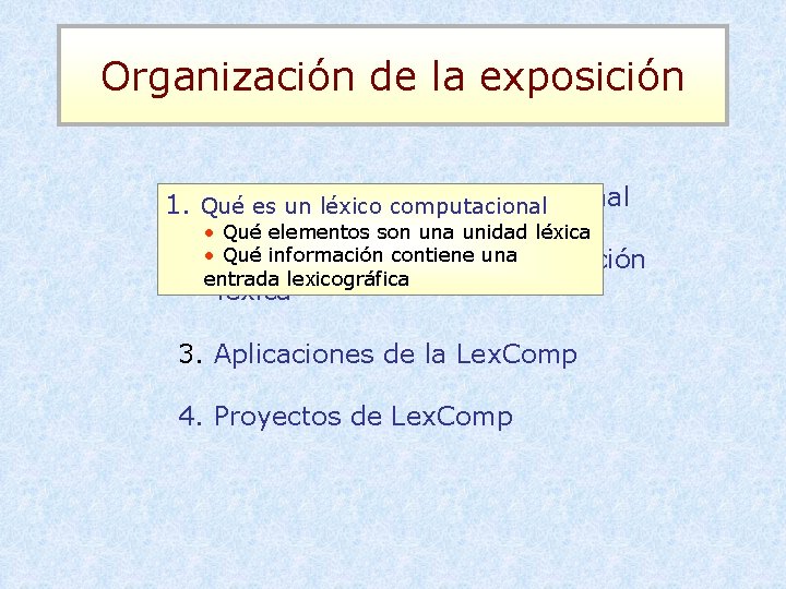 Organización de la exposición Qué léxico computacional 1. 1. Qué eses un un léxico