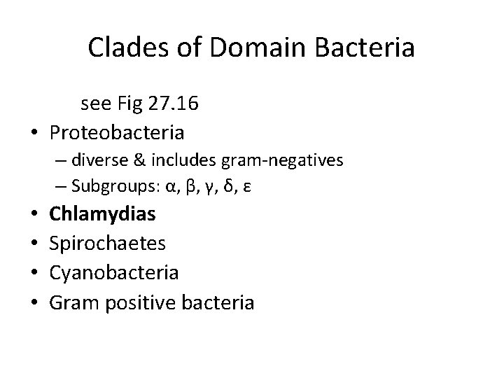 Clades of Domain Bacteria see Fig 27. 16 • Proteobacteria – diverse & includes